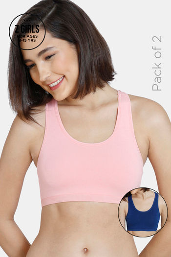 Buy Zivame Girls Double Layered Non Wired Full Coverage Racerback Beginner Sports Bra (Pack of 2) - Pink Navy2